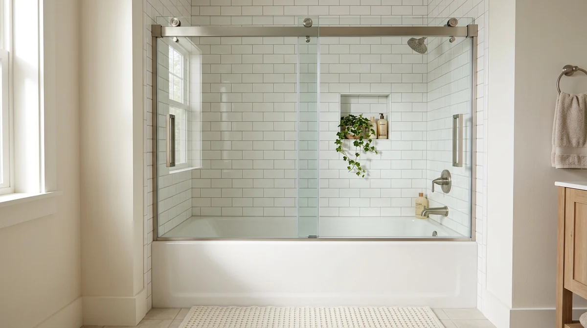 A soft-close sliding shower door with brushed finish handles over a tub-shower in a cozy bathroom with white tile
