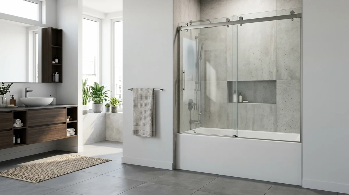 A frameless-style sliding shower door with a slim hardware and clear glass over a bathtub in a bright urban apartment bath