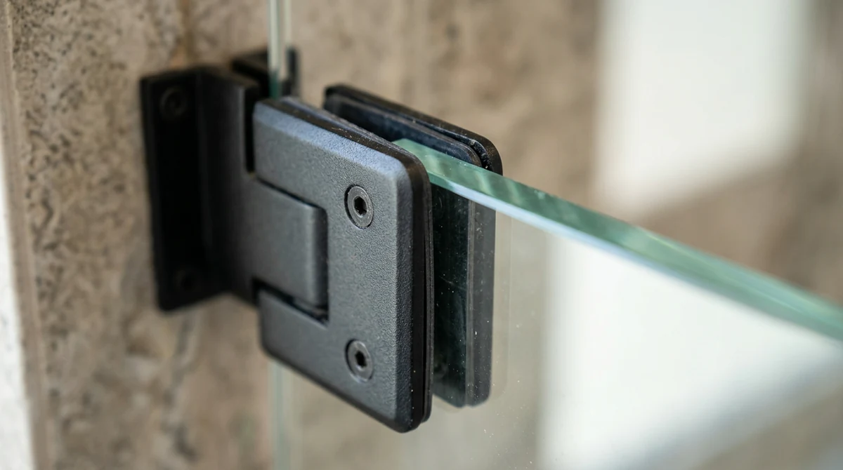 A macro of a matte black shower door clamp on thick clear glass, soft light, shallow depth of field