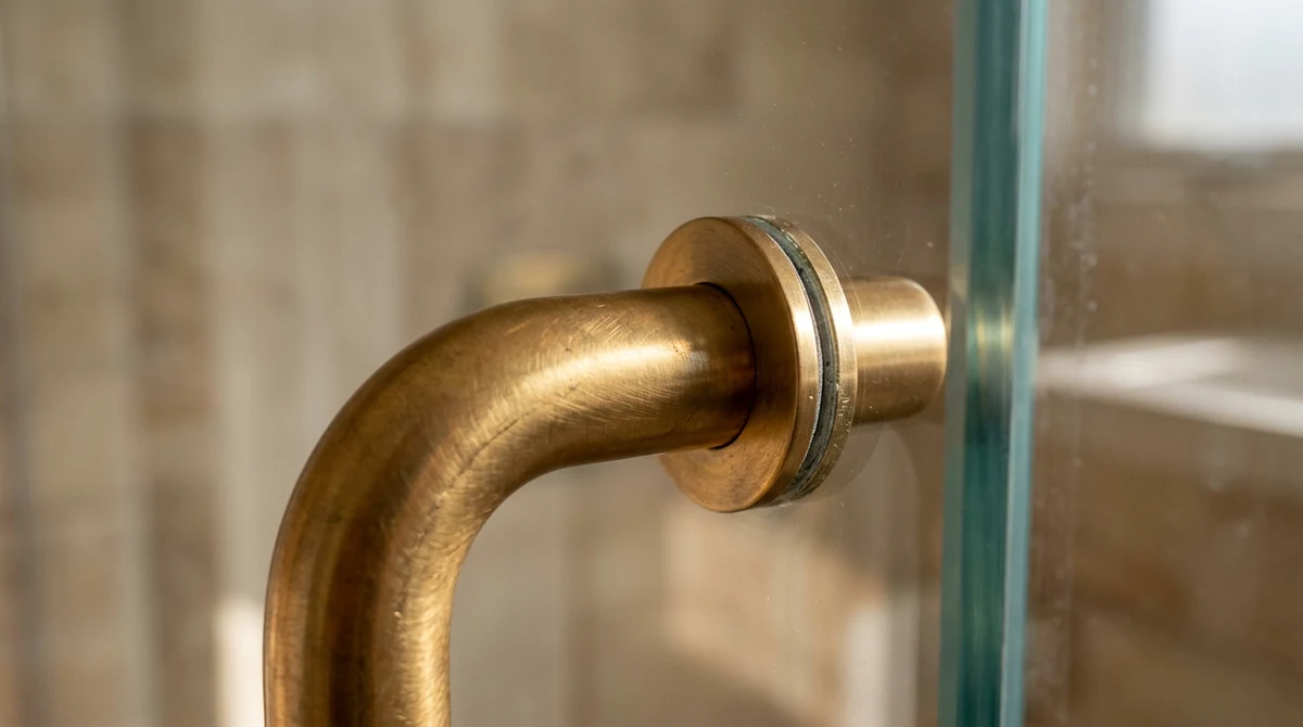 A macro of a warm brushed brass shower door pull handle, soft raking light, shallow depth of field