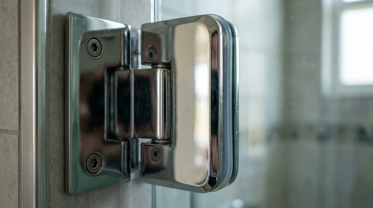 A macro of a polished chrome shower door hinge with crisp reflections, soft light, shallow depth of field