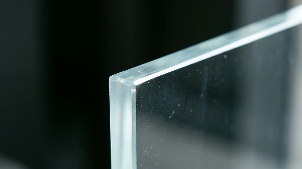 A macro of the polished green-free edge of low-iron glass against a dark background, sharp, subtle refraction