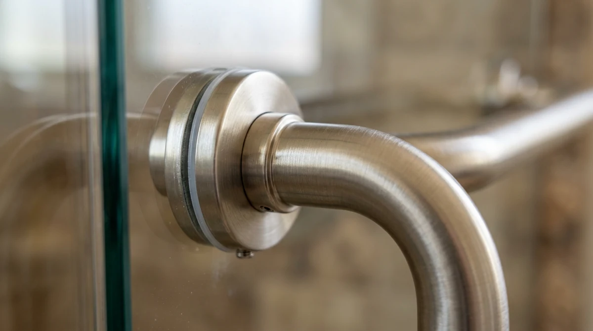 A macro of a brushed nickel shower door handle with fine linear grain, soft light, shallow depth of field