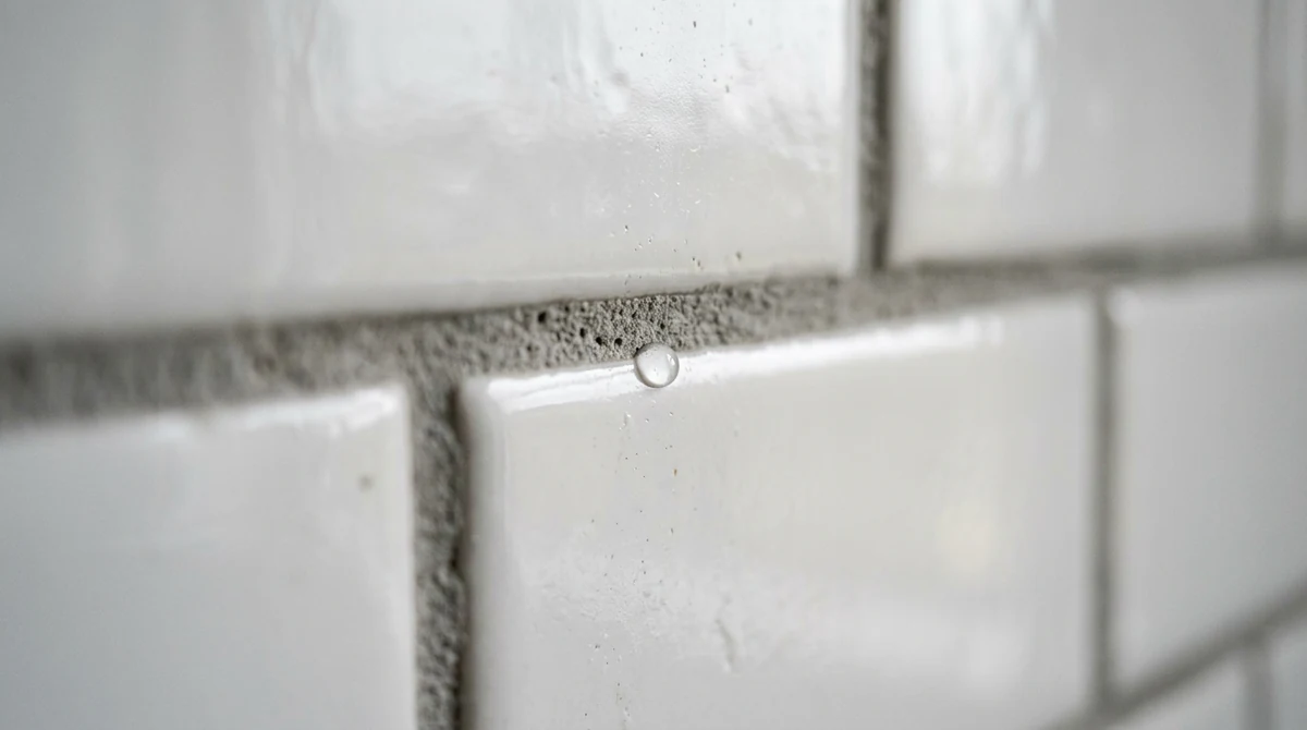 A macro of crisp white subway tile with clean gray grout lines and a tiny water droplet, soft light
