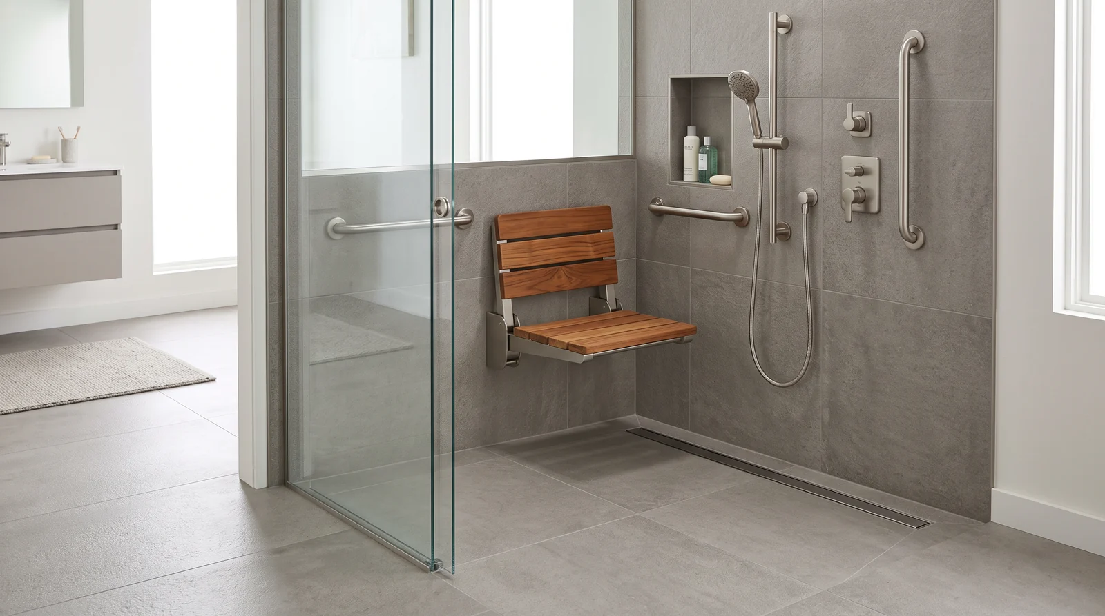 A spacious curbless roll-in shower with a wide glass opening, a fold-down teak seat, grab bars in brushed steel, a handheld shower and non-slip porcelain tile, bright soft light