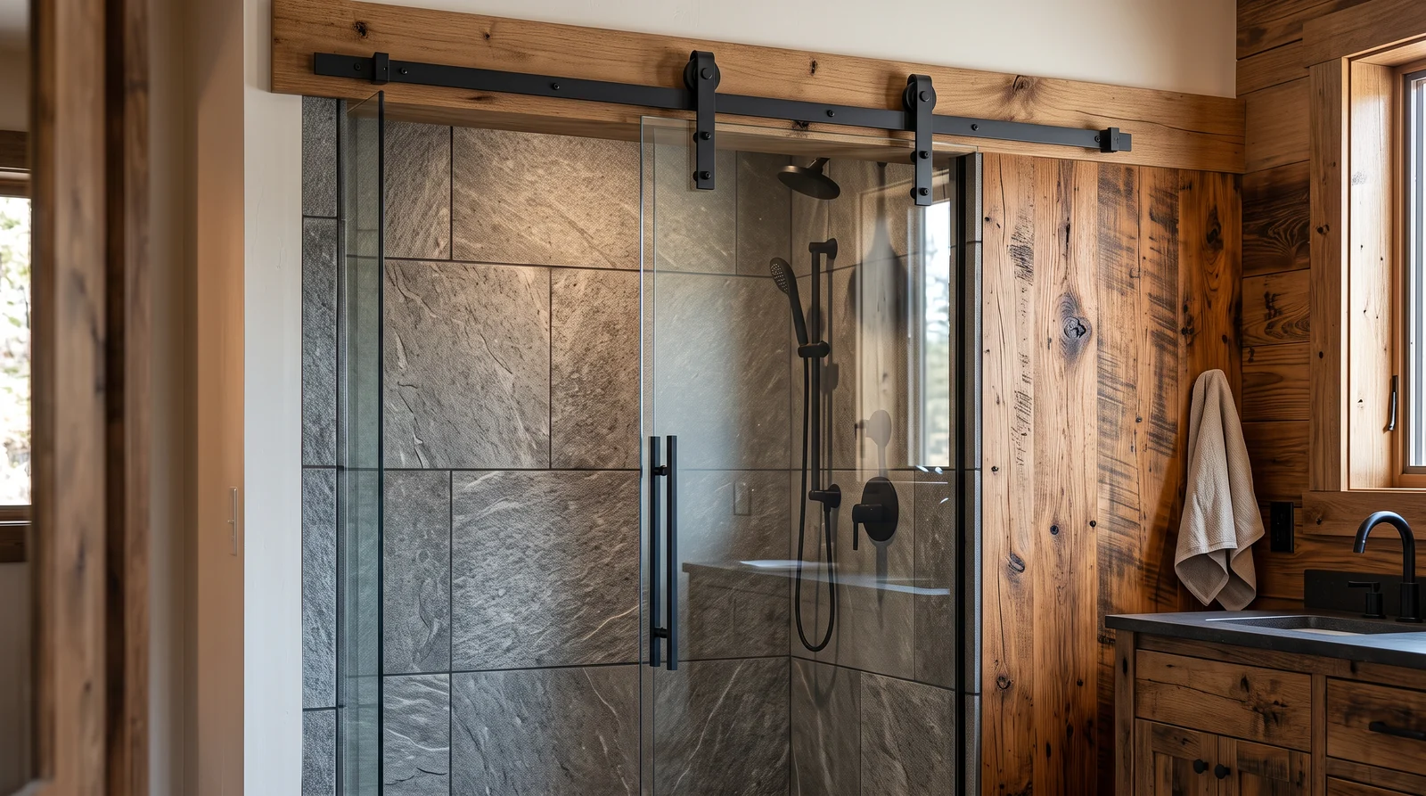 A barn-style sliding glass shower door on an exposed matte black rail with rollers in a rustic modern bathroom, wood accents and gray tile, warm light