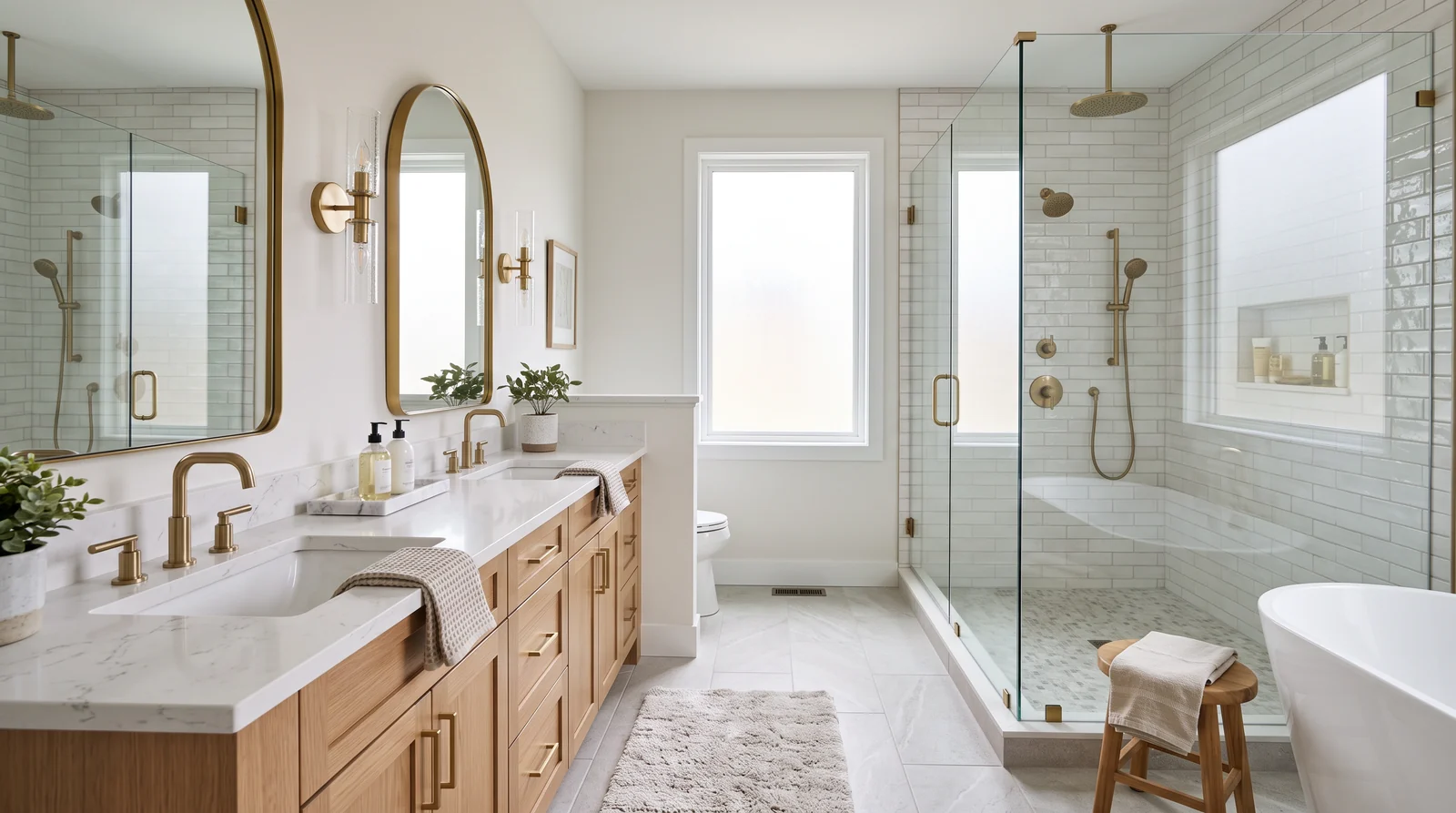 A beautifully finished model-home bathroom with an elegant glass shower enclosure, quartz counters, designer tile and fixtures, a tablet-free clean staged look, soft light