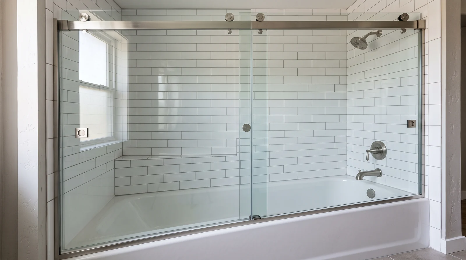A frameless sliding bypass shower door with two glass panels on a top rail with roller hardware over a bathtub, white subway tile, brushed stainless finish, soft light