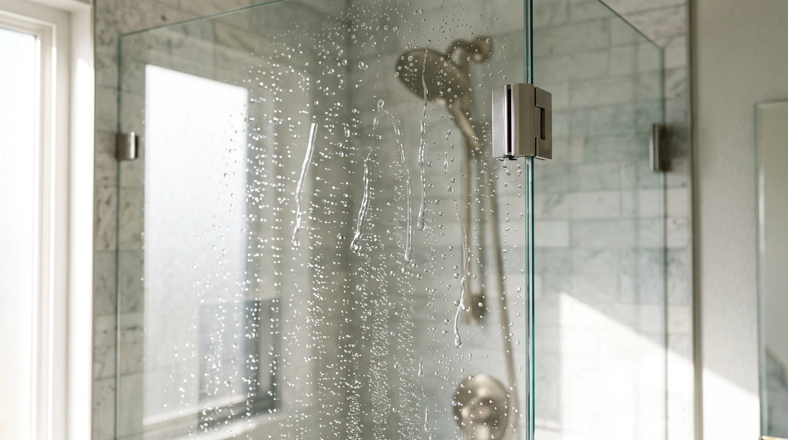 Water beading and rolling off a freshly coated crystal-clear shower glass door in a bright bathroom, sharp droplets, tile behind, bright light
