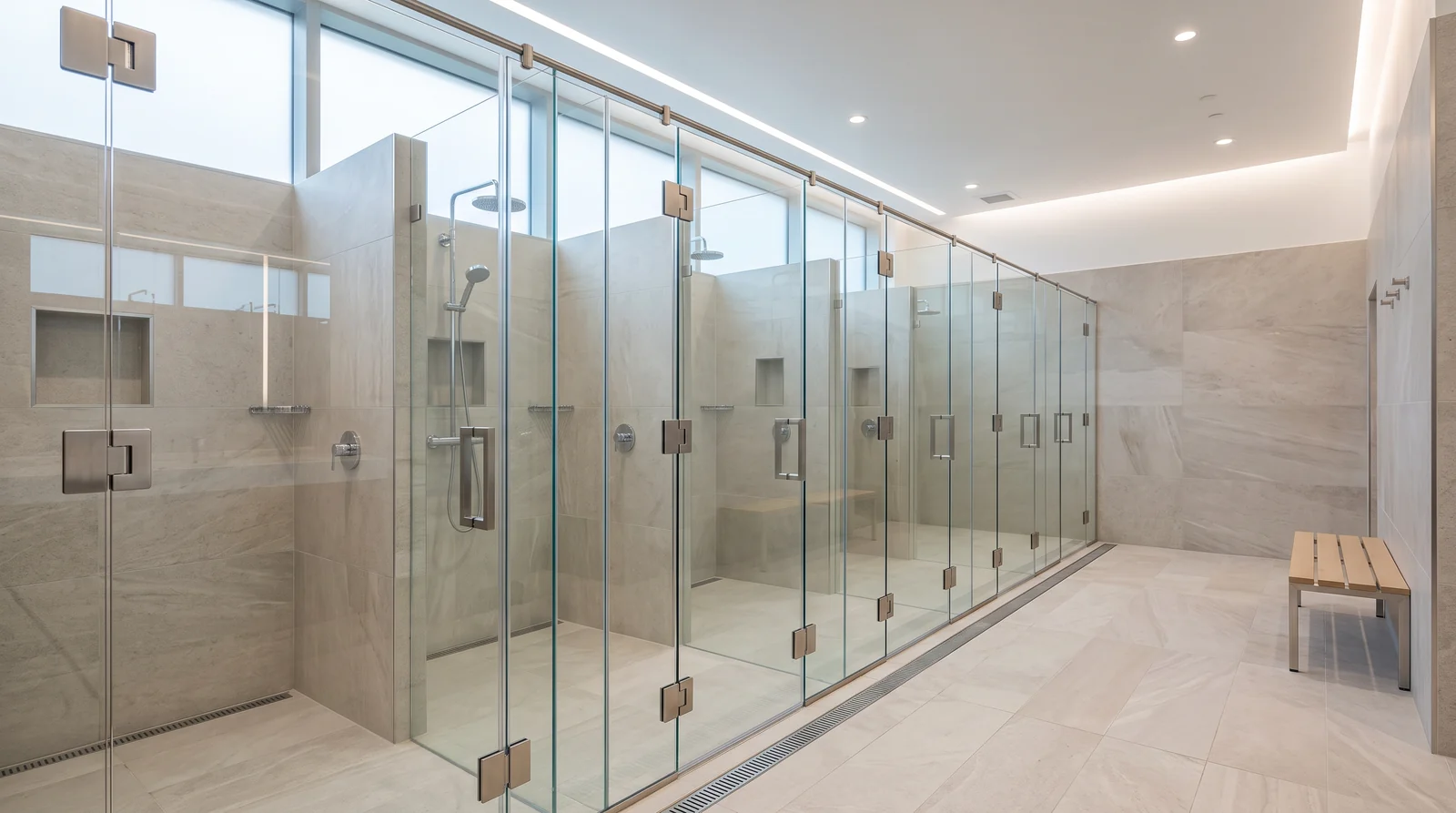 A sleek commercial bathroom in a modern office or fitness facility with a row of durable frameless glass shower stalls, light stone tile and bright even lighting, spotless