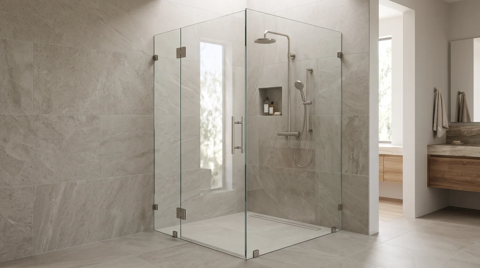 A square corner shower enclosure with two glass sides and a frameless door in the corner of a modern bathroom, large-format tile, brushed nickel hardware, soft daylight