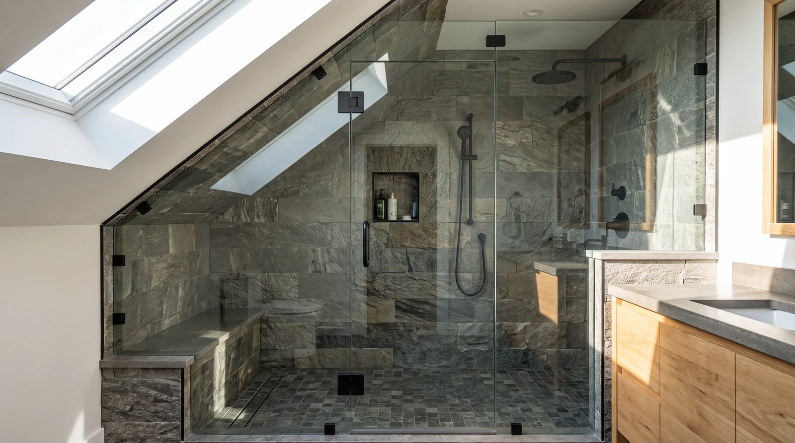 A one-of-a-kind custom glass shower enclosure with an angled glass panel, a door and a fixed return panel in a stylish bathroom with textured tile, perfectly fitted to the space