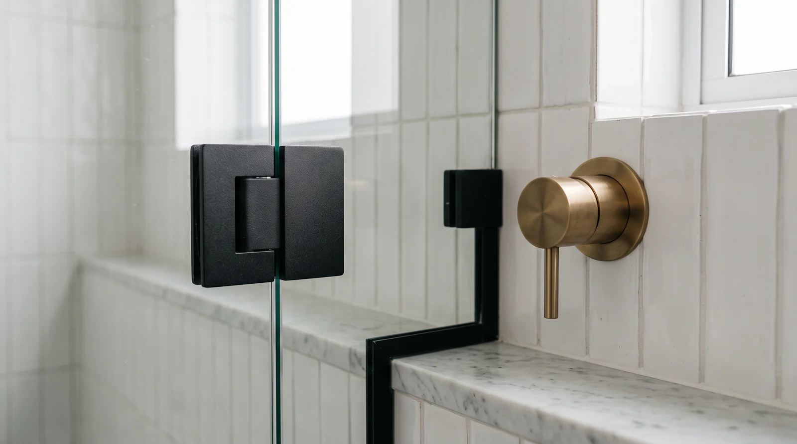 Hardware Finishes | Music City Shower Doors Close-up of a frameless shower door in matte black hardware beside a brushed brass bath fixture, white tile and a marble ledge, soft daylight, shallow depth of field