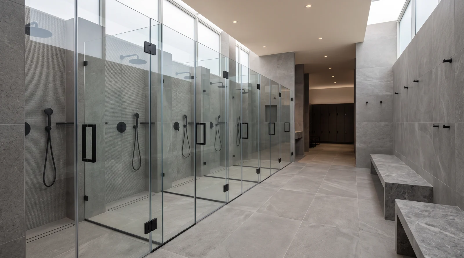 A clean upscale gym locker room shower area with individual frameless glass shower stalls, matte black hardware, gray tile and benches, bright even light, spotless and empty