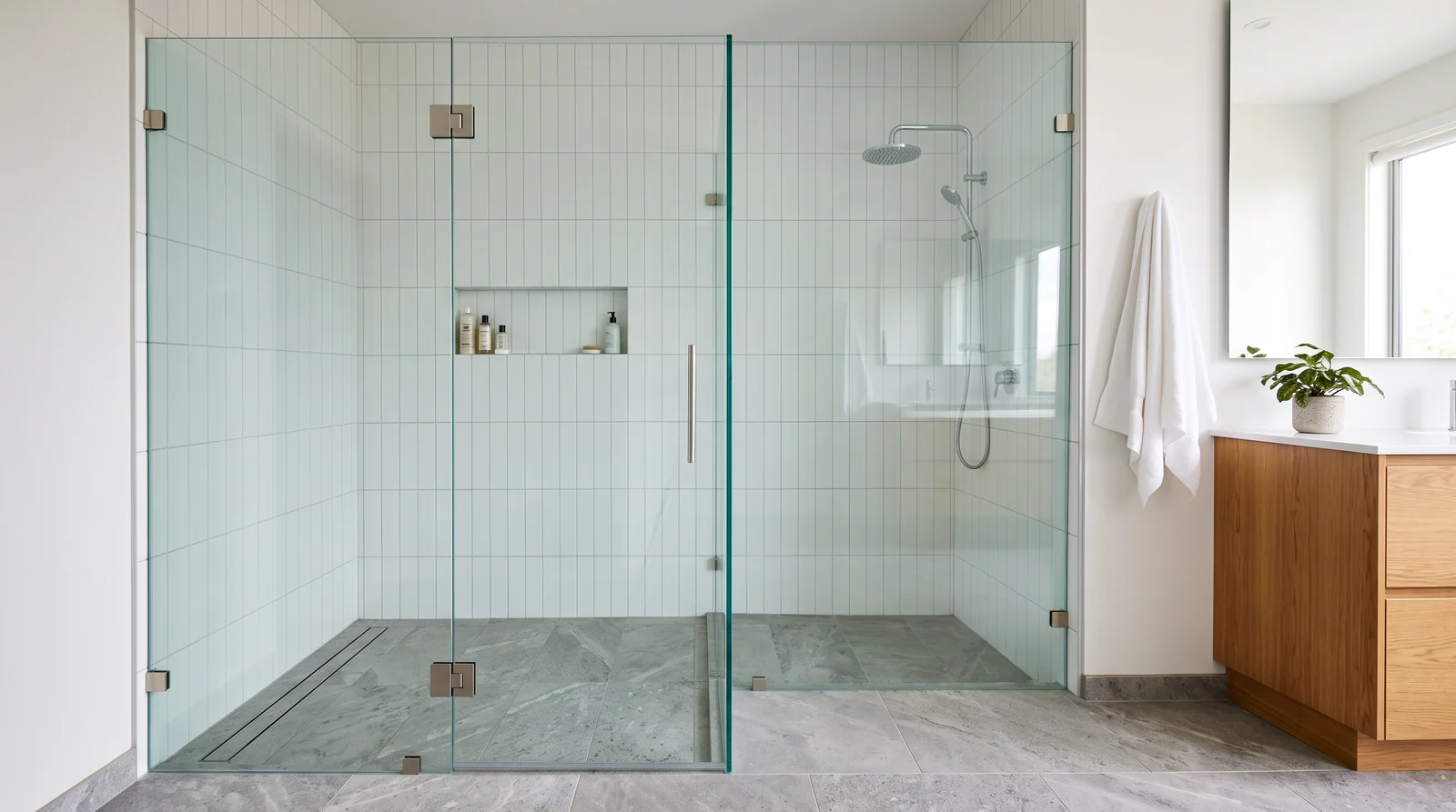 A frameless clear glass shower door with thick tempered glass and minimal hardware in a bright modern bathroom, white tile and a gray stone floor, no metal frame around the glass
