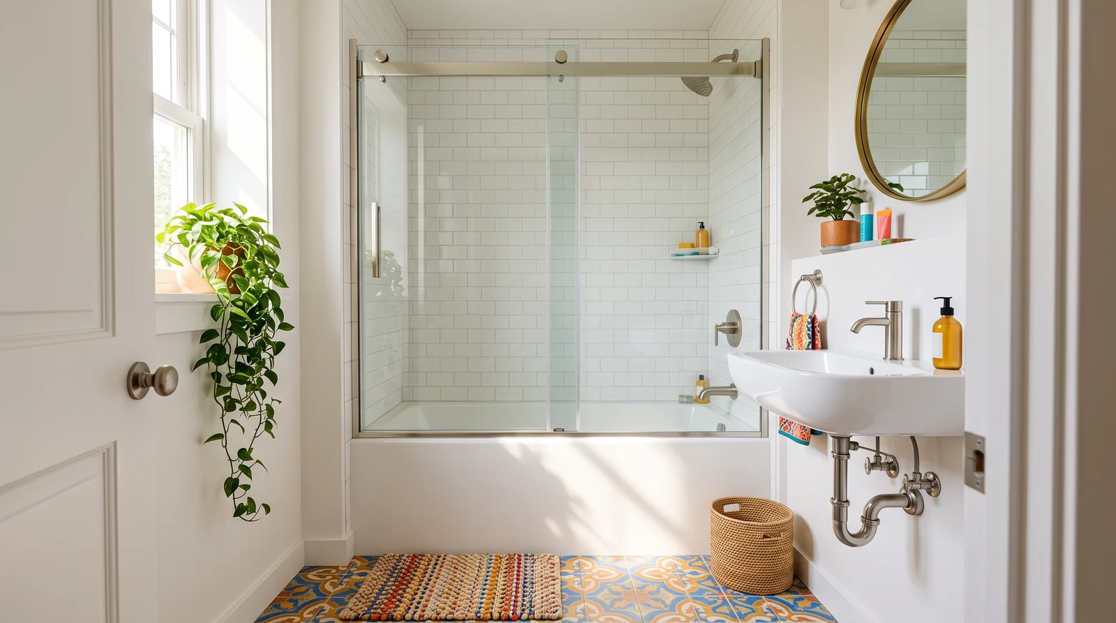 Guest and Kids Bathroom Shower | Music City Shower Doors A cheerful guest bathroom with a clean frameless glass door over a tub-shower, colorful patterned floor tile, a wall-mounted sink and bright natural light
