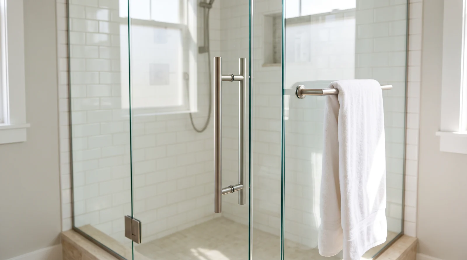 Handles, Pulls and Towel Bars | Music City Shower Doors A frameless glass shower door with a long brushed nickel ladder-style handle and a matching towel bar, soft folded cotton towel, subway tile, bright natural light