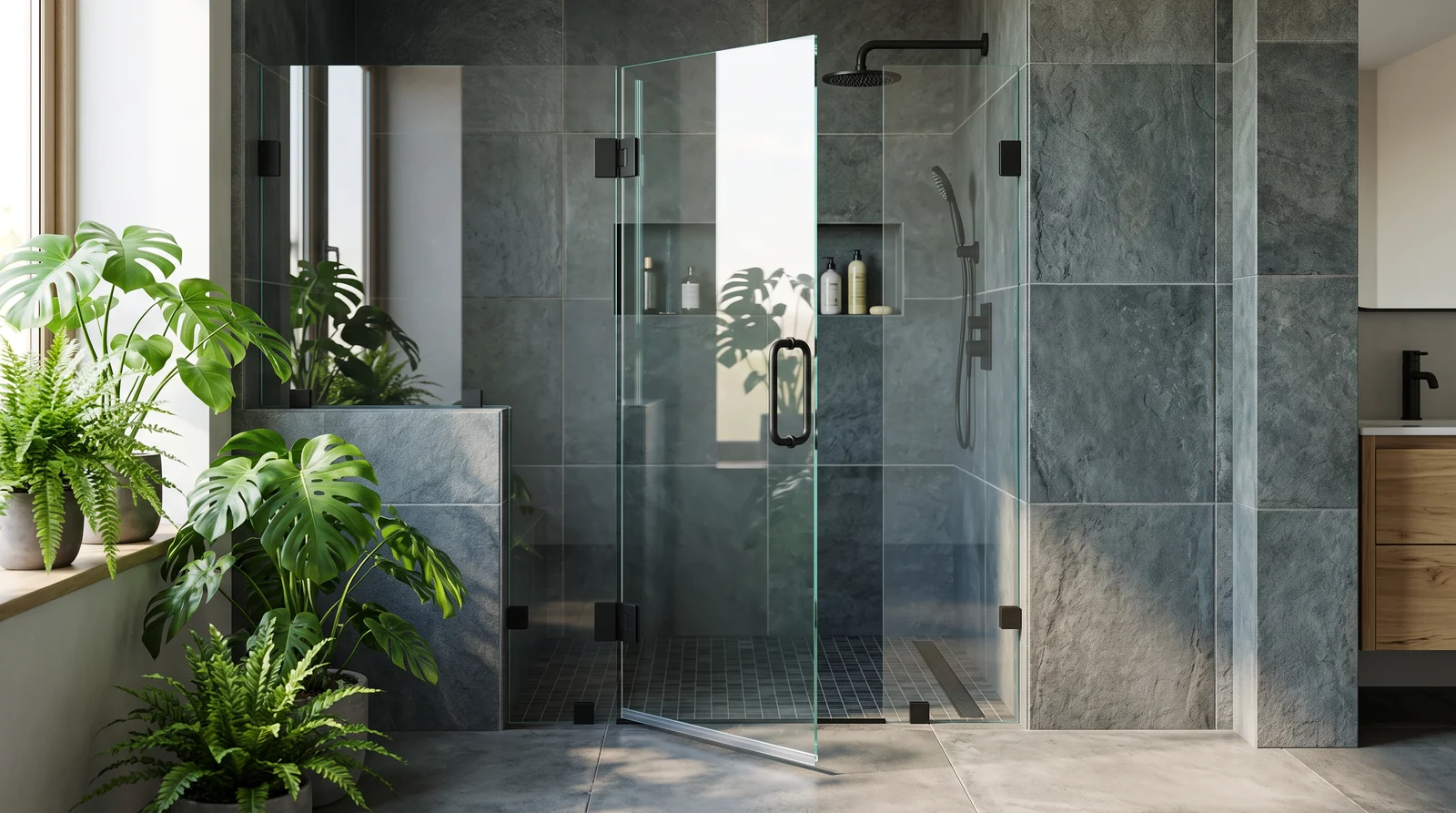 A frameless hinged shower door with a clean sleek glass panel and heavy-duty hinges on a tiled wall, standing slightly open in a modern bathroom with a pop of green, matte black hardware