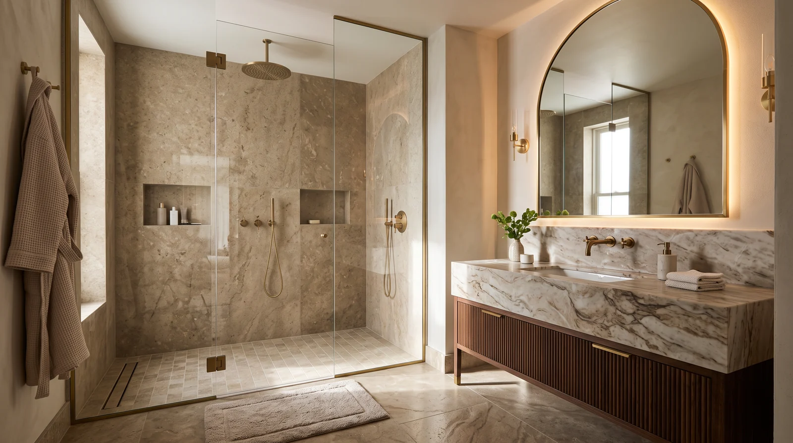 A boutique hotel bathroom with a large frameless glass shower, stone tile, a rainfall shower head, brass fixtures and a marble vanity with soft lighting, spotless and empty