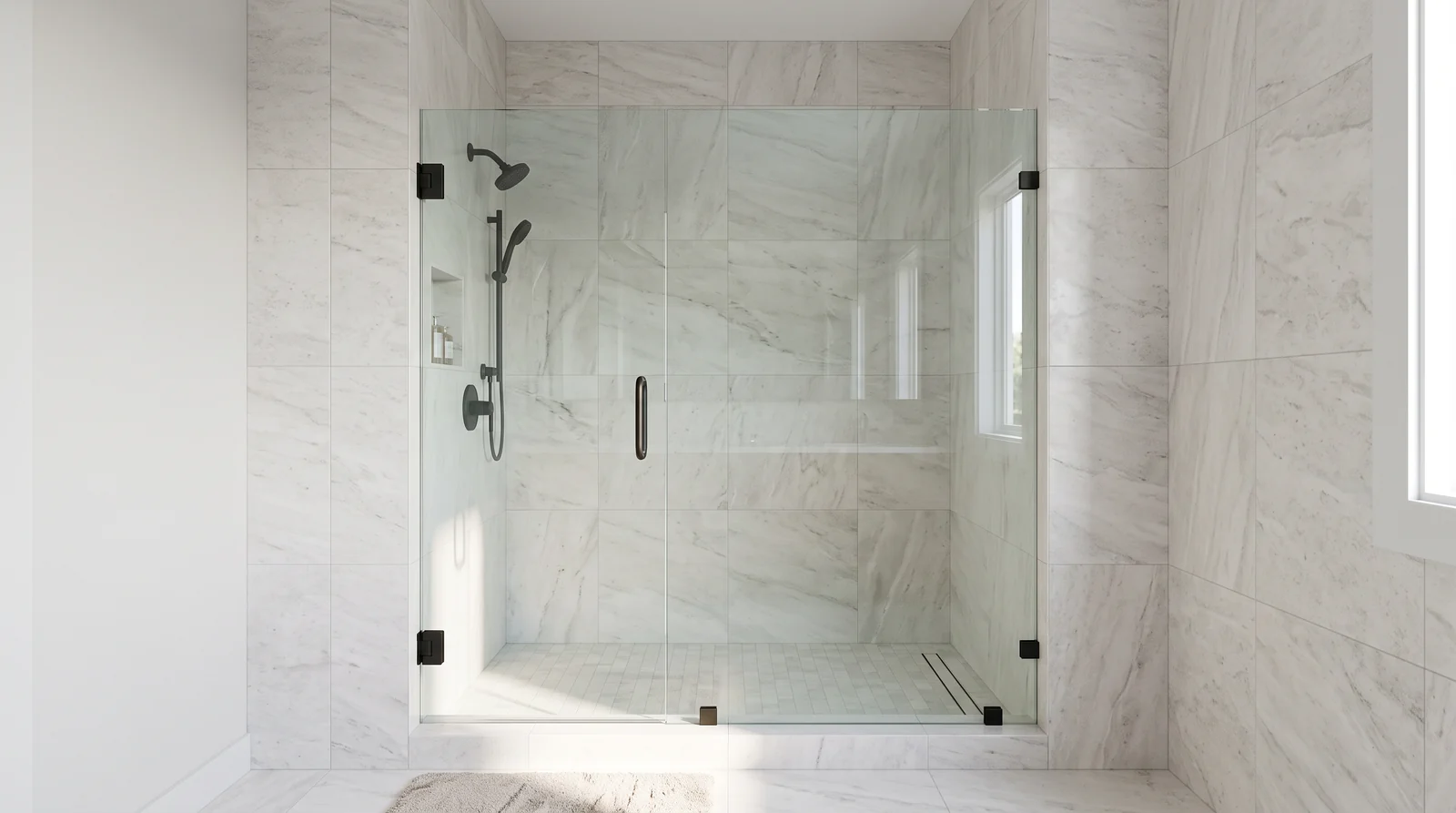 An inline frameless shower enclosure with a hinged door and a fixed glass panel side by side in an alcove, matte black clamps and handle, light tile, bright light
