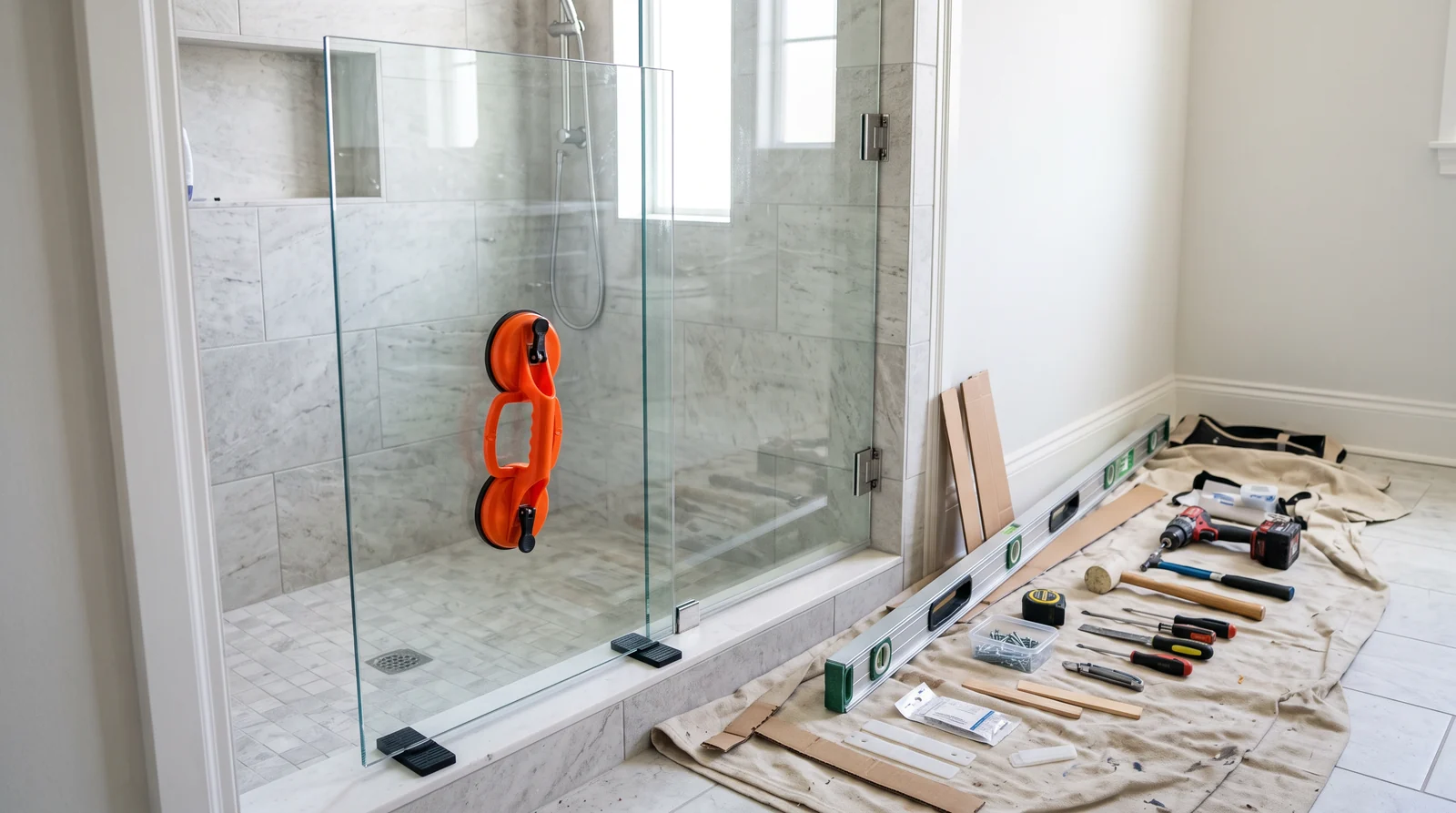 A frameless glass door panel being set in place held by a glass suction lifter, with hinges, a level and tools neatly on a drop cloth beside a tiled shower, no one in frame, bright light