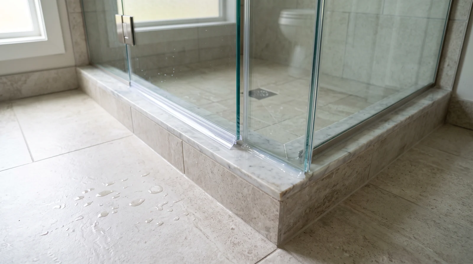 A water-tight frameless shower door with a fresh clear silicone seal along the glass and curb and a new bottom sweep, small clean water droplets on the dry tile floor, bright light