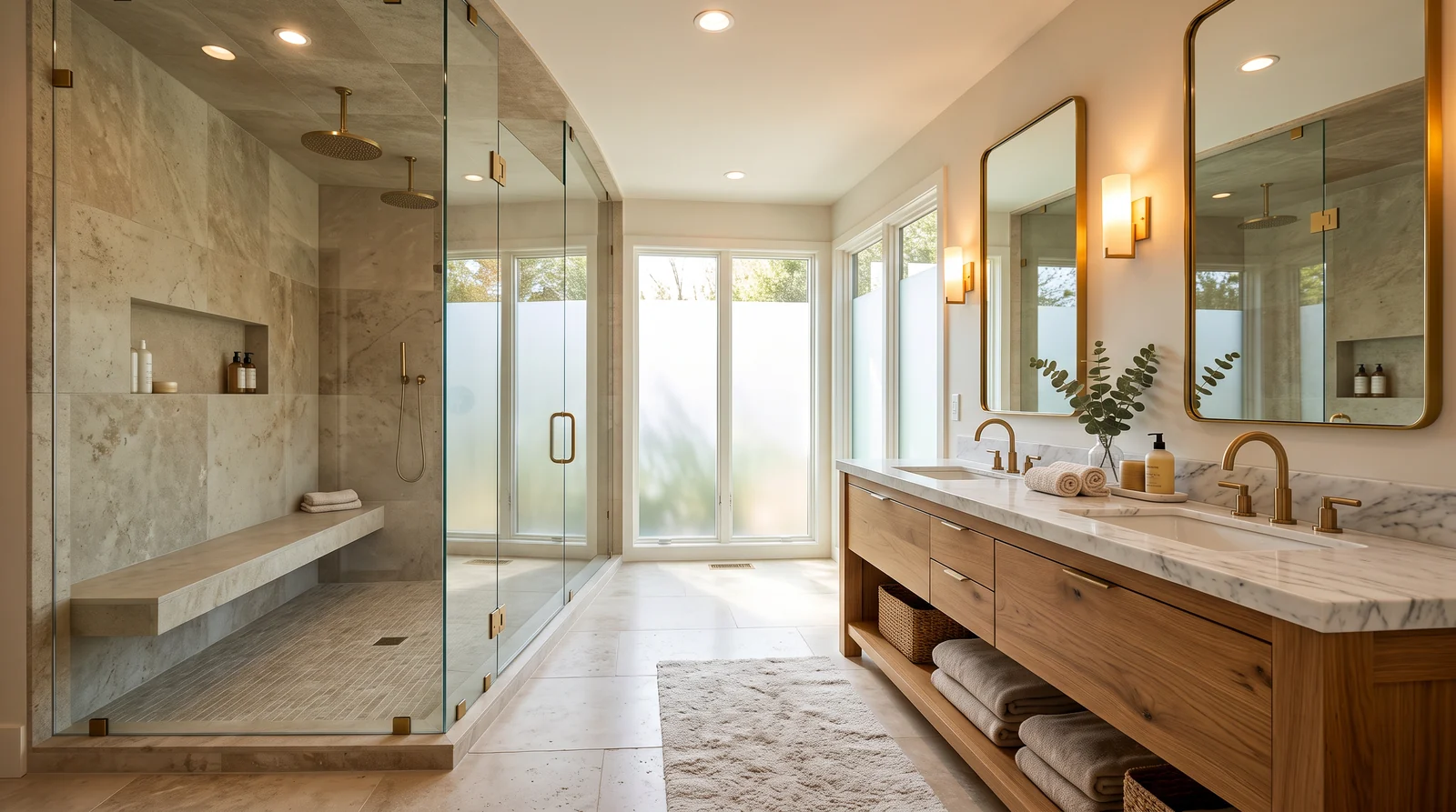 A spacious primary bathroom with a large walk-in shower behind frameless glass with a door, dual rain heads, a stone bench and a long double vanity, warm light
