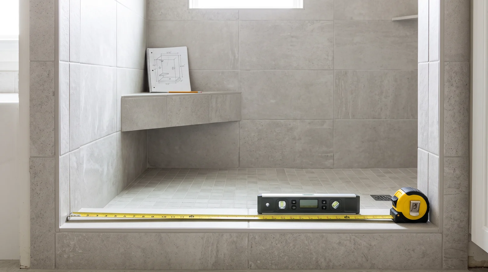 A shower opening with a tape measure stretched across the width, a digital level resting on the curb and a notepad with a sketch on the bench, tile walls, bright light, no one in the frame