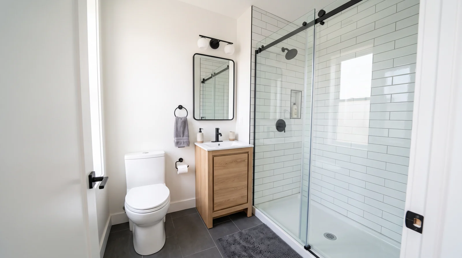 A modern apartment bathroom with a frameless glass sliding shower door, white subway tile and a compact vanity, bright clean light, tidy and move-in ready