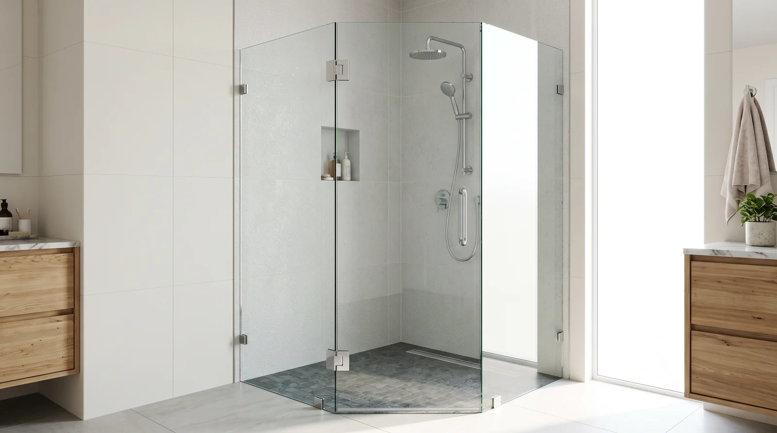 A frameless neo-angle corner shower enclosure with three glass panels and a hinged door set diagonally across a bathroom corner, tile walls, chrome hardware, bright light