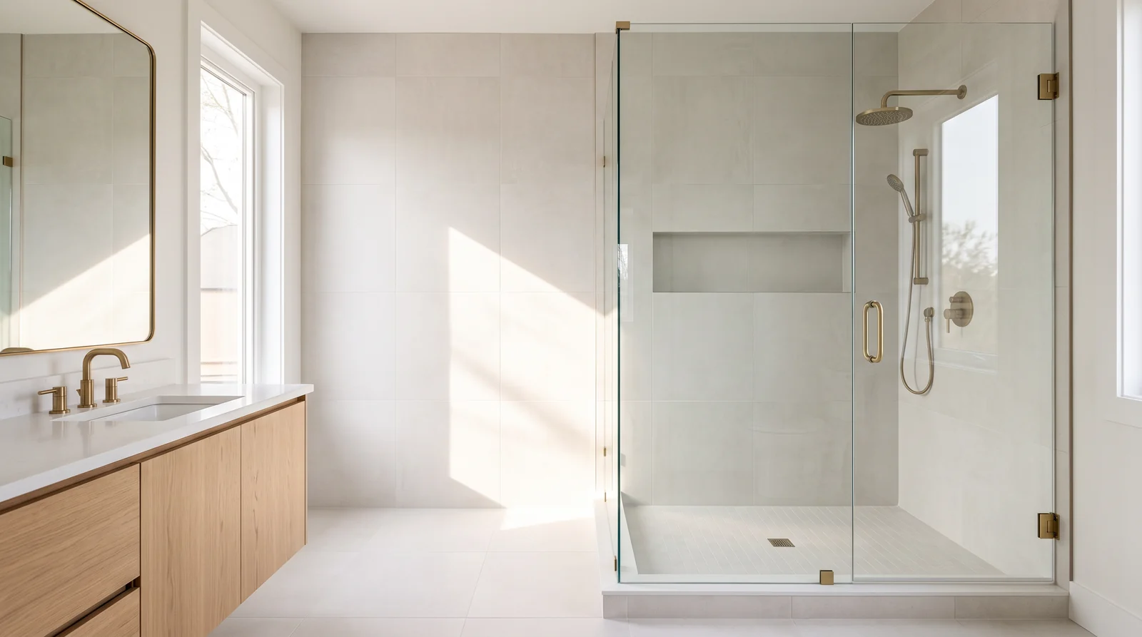 A newly built bathroom in a custom home with a crisp frameless glass shower enclosure, large-format tile, a niche and a pocket of afternoon sunlight, clean and unused