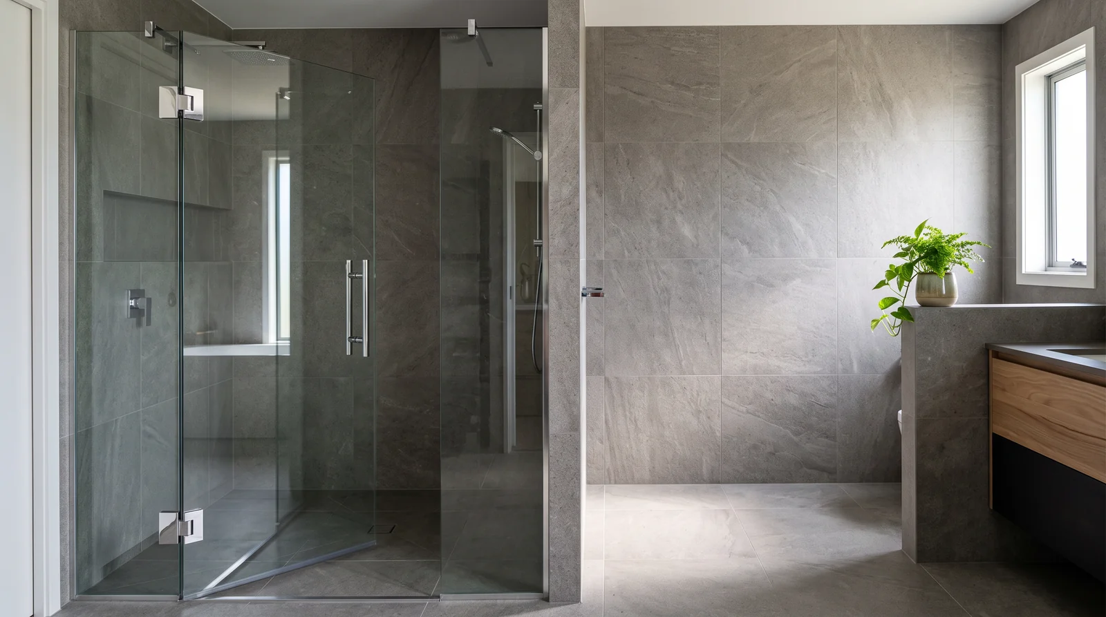 A frameless pivot shower door swung partly open on top and bottom pivot hinges in a stylish bathroom, polished chrome hardware, gray tile and a small plant