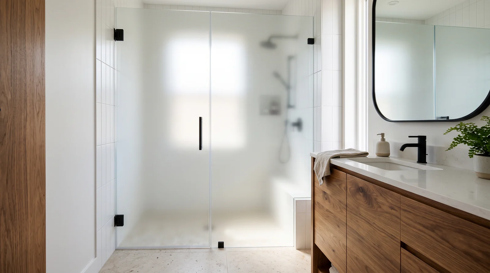A shower enclosure with satin frosted privacy glass on the door, soft diffused light passing through it, white tile and a warm wood vanity in a calm bathroom