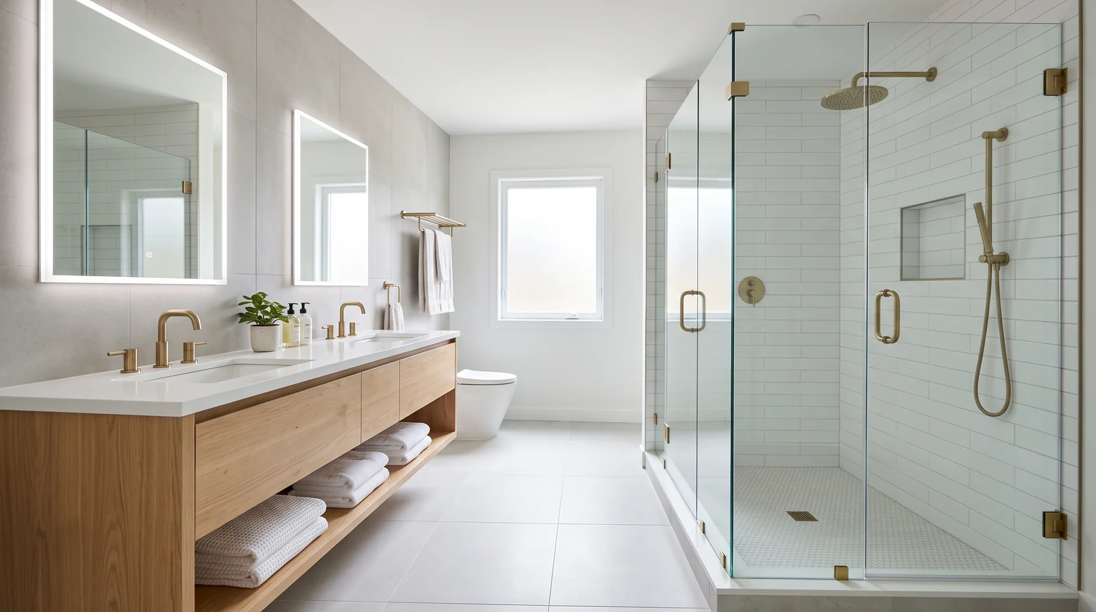 A freshly remodeled bathroom with new tile, a modern vanity and a brand-new frameless glass shower door, clean construction-fresh look, bright daylight