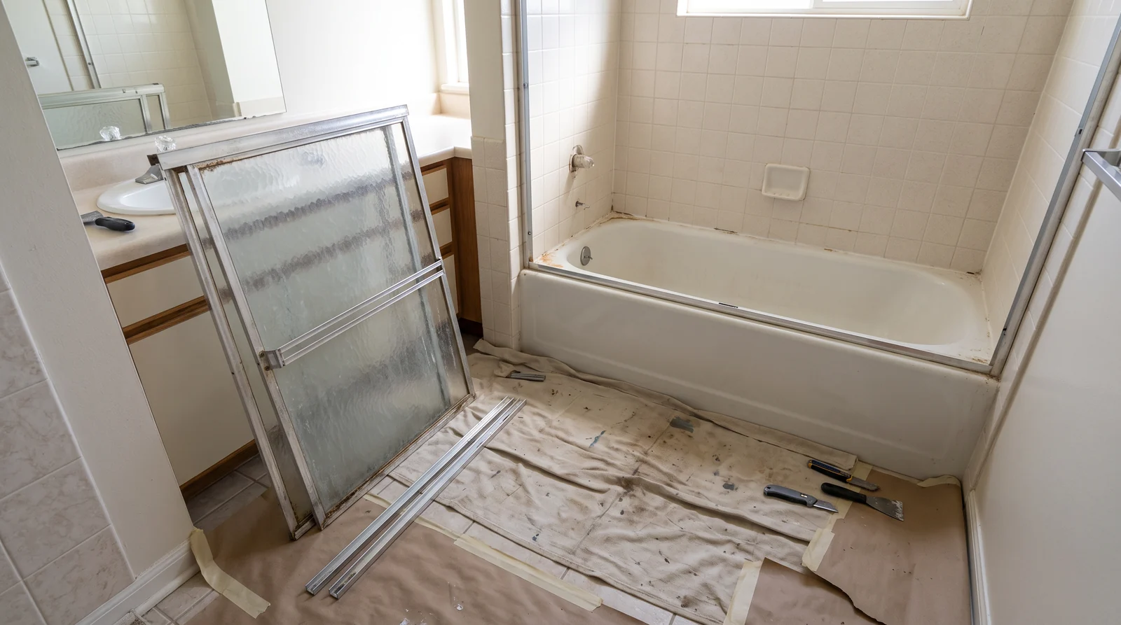A bathroom with an old framed sliding shower door removed from the tub opening, protective floor covering laid down, the old door panels leaning ready for hauling, bright light, no one in frame