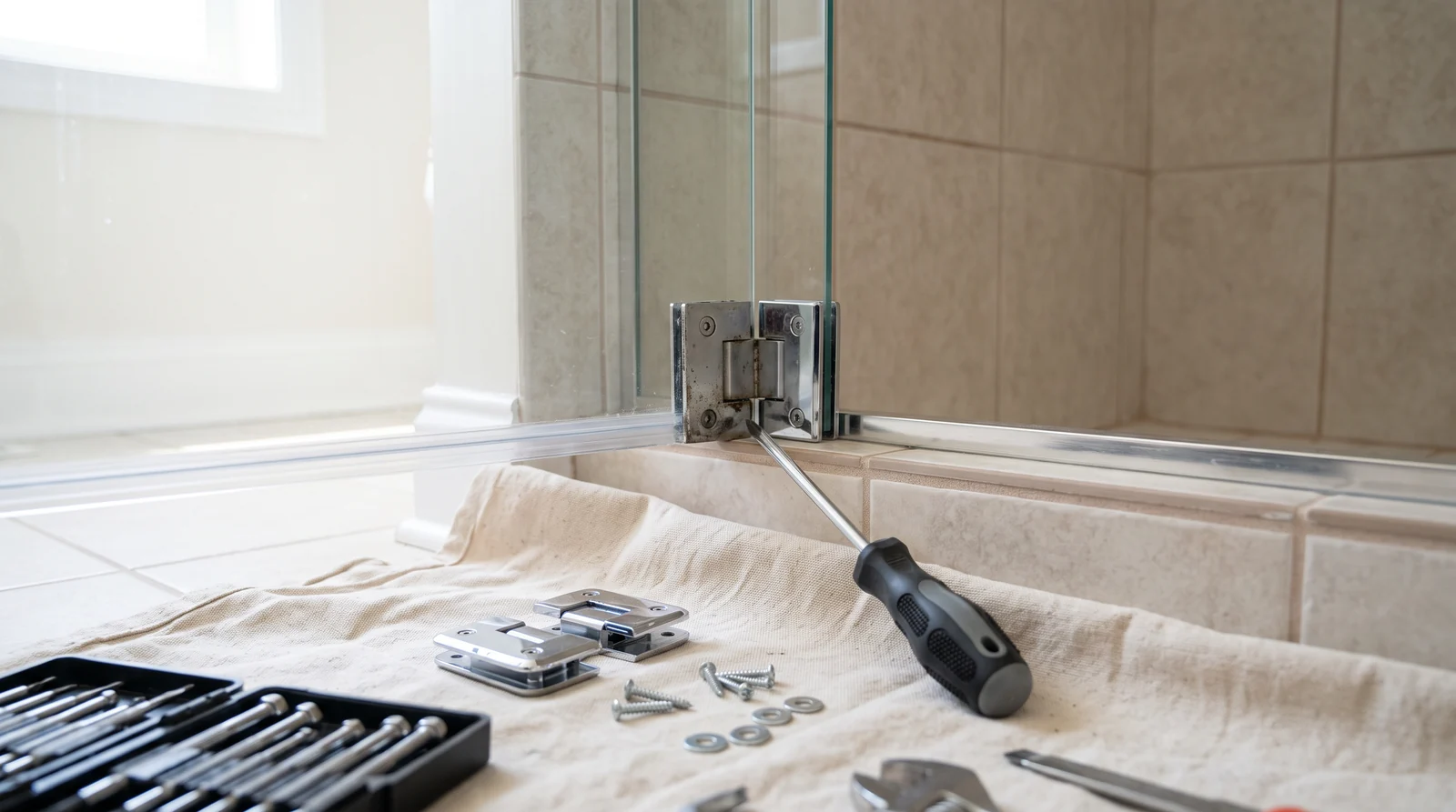 A close-up of a shower door hinge being adjusted with a screwdriver set on a drop cloth, shiny new replacement hinge parts beside it, tile in the background, no one in frame