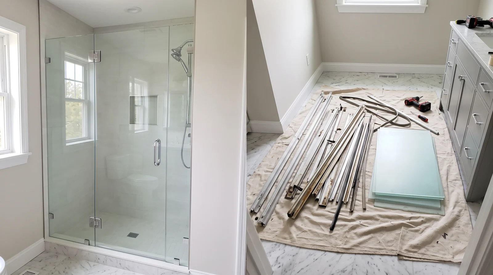 A newly installed crystal-clear frameless glass door in a bathroom with a stack of old removed framed door parts neatly set aside on a drop cloth, bright light