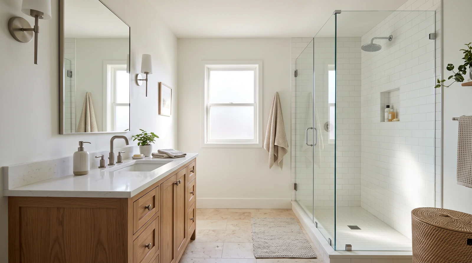A beautiful family home bathroom with a clean frameless glass shower door, white tile, a wood vanity and soft morning light, calm and tidy