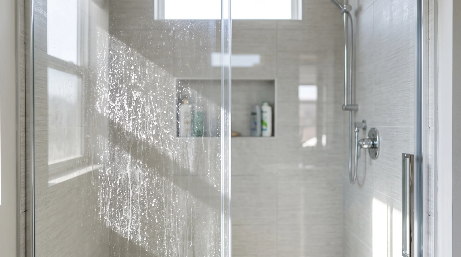 A shower glass door half cloudy with hard-water spots and half freshly restored to crystal clear, split down the middle, tile behind, bright light