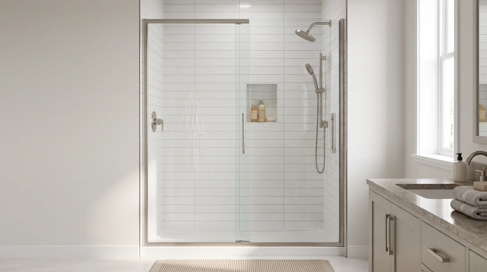 A semi-frameless shower door with a slim metal frame around the sides and a clean frameless-style door panel in a neat bathroom, brushed nickel finish, white tile