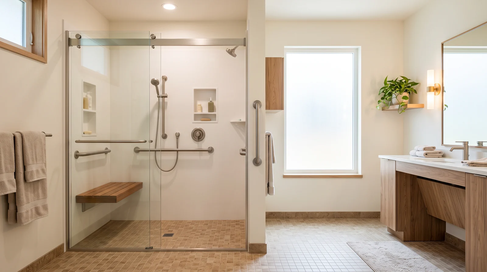 A bright, spacious senior living bathroom with a barrier-free walk-in shower, a wide glass door, a bench, grab bars and slip-resistant tile, calm warm lighting