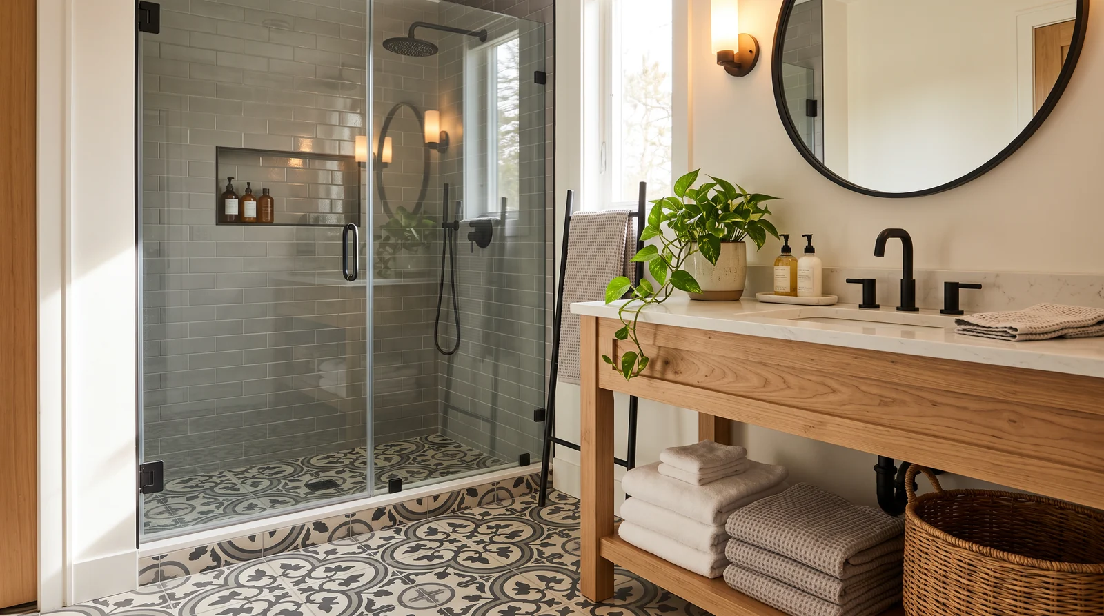 Short-Term Rental Bath | Music City Shower Doors A stylish short-term rental bathroom with a frameless glass shower, patterned cement tile, matte black fixtures, fresh towels folded and a plant, warm inviting light