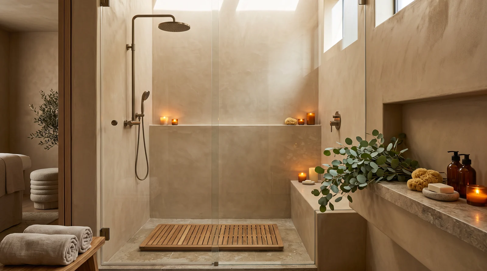 Spa and Salon Shower | Music City Shower Doors A luxurious day-spa treatment room shower with a glass enclosure, smooth plaster walls, a teak floor mat, eucalyptus on a shelf and warm candle-like lighting