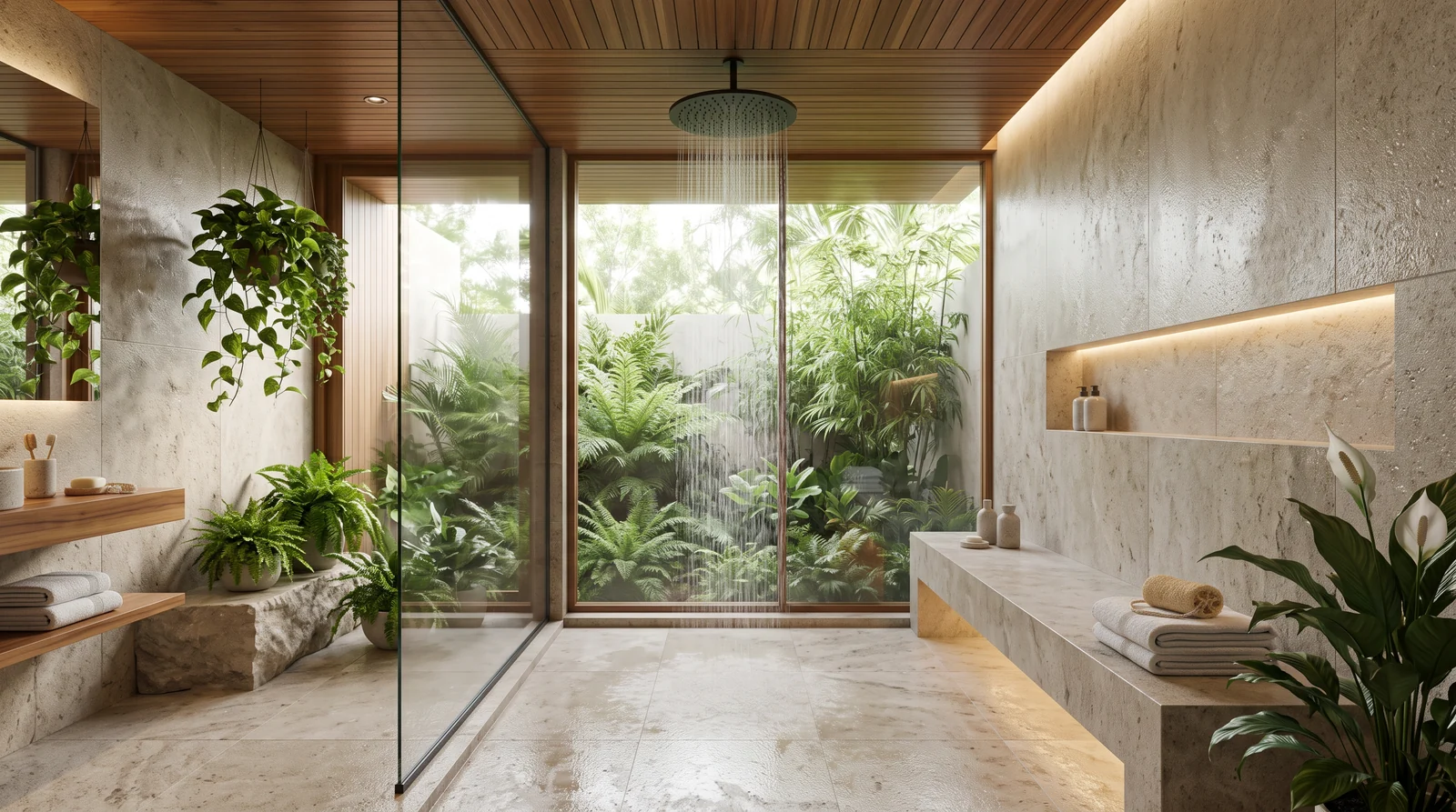 A serene spa-inspired wet room with floor-to-ceiling glass, a rain shower, a built-in stone bench, warm wood accents, green plants and soft diffused light