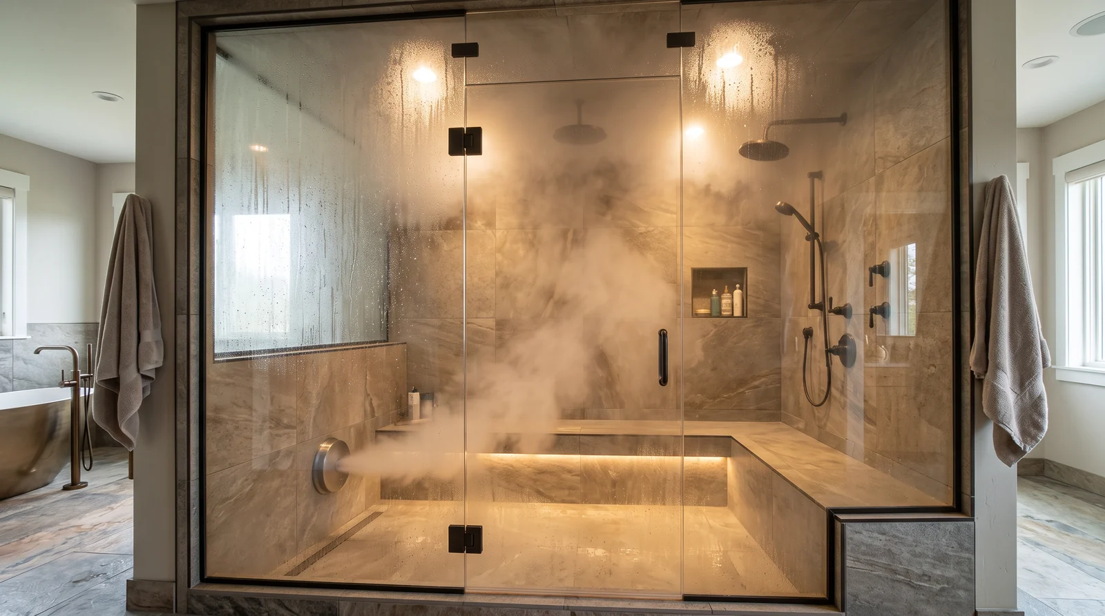 A sealed steam shower enclosure with full-height glass and a transom, soft steam rising, a built-in bench, a steam generator head on the wall, porcelain tile and warm spa lighting