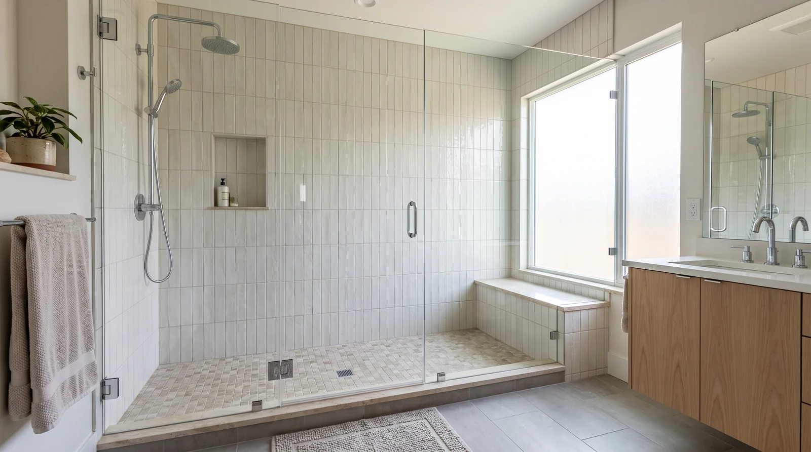 A bathroom where a bathtub has been converted into a walk-in tiled shower with a low threshold and a frameless glass door and fixed panel, bright natural light