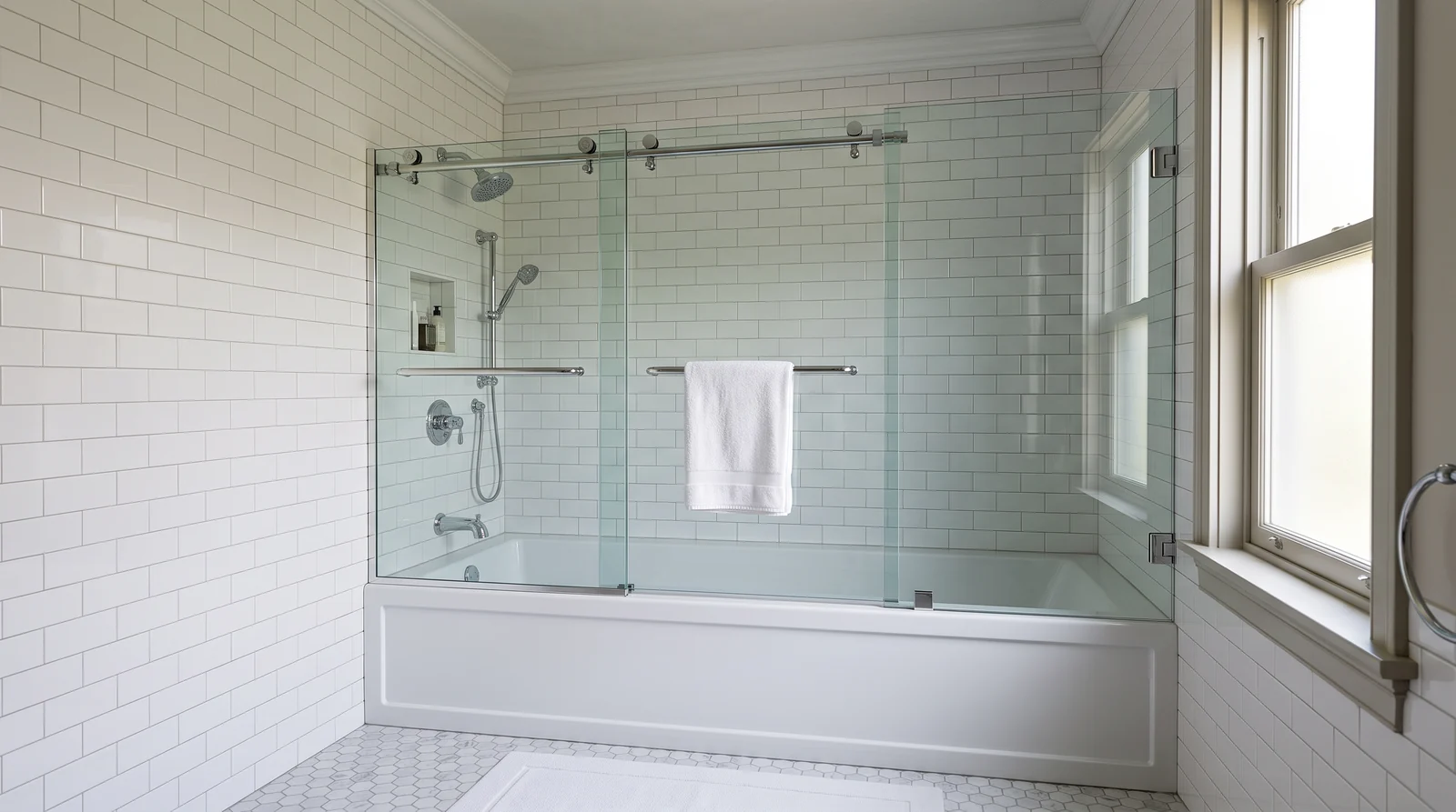A bathtub with a frameless sliding glass tub door and a fixed panel in a classic bathroom, subway tile to the ceiling, chrome hardware, soft light